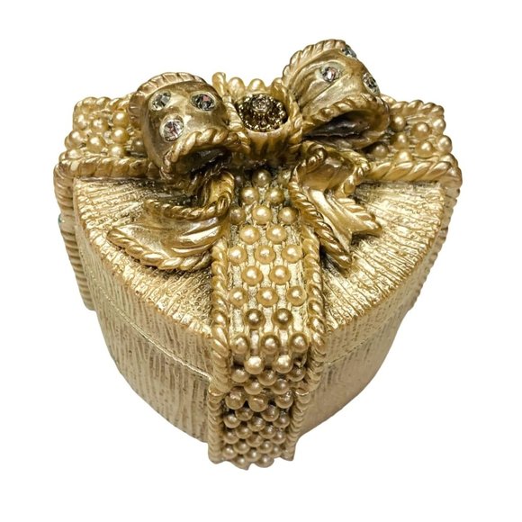 Santini Golden Heart Trinket Box Rhinestone 3" Palm Beach Regency Signed Stamp - Picture 7 of 14